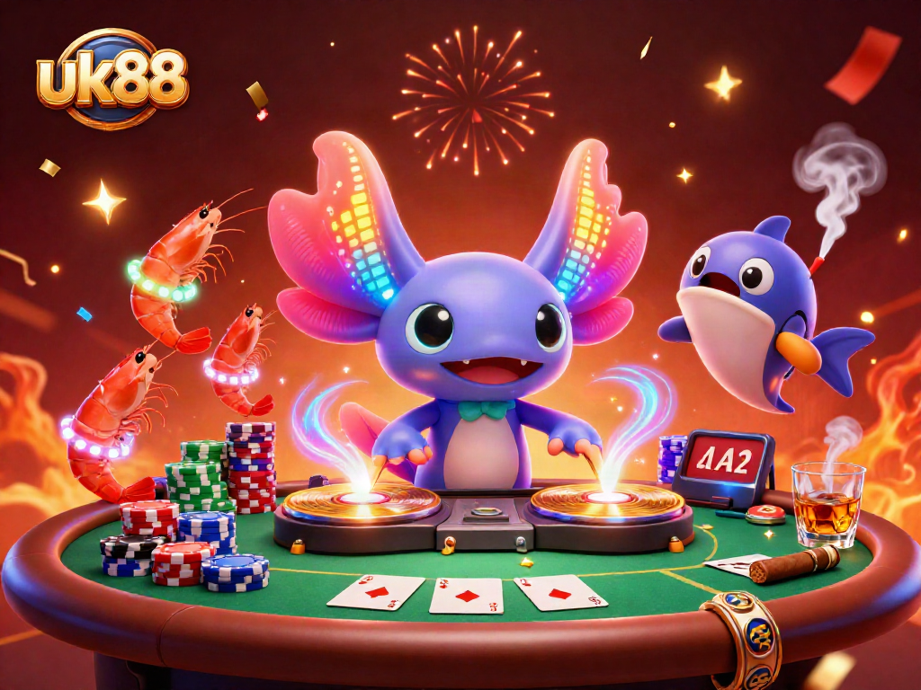 Experience thrilling gaming with uk88 showing a neon axolotl DJ and vibrant casino elements.
