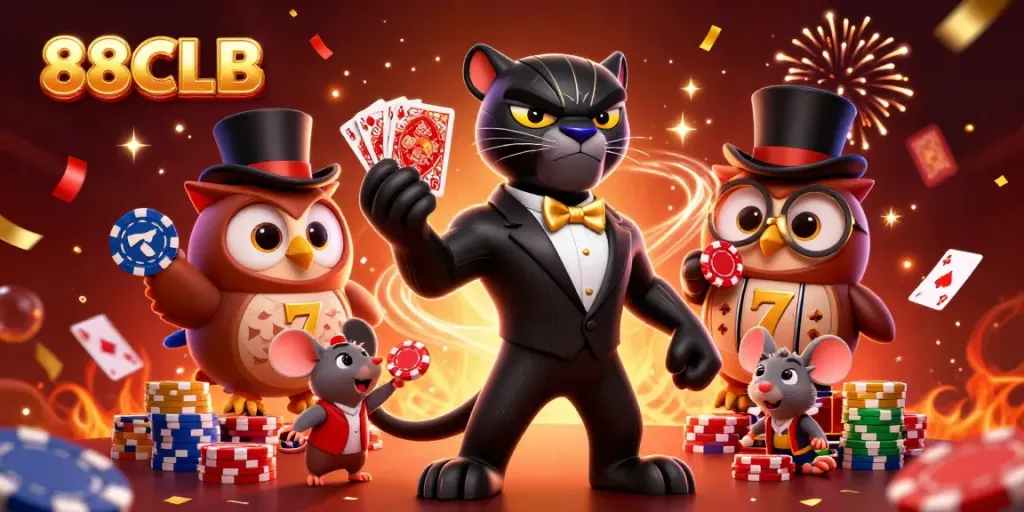 Experience thrilling casino action at 88CLB with a vibrant illustration of gaming elements and characters.