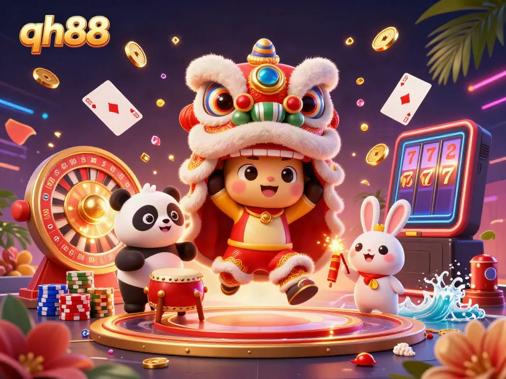 Experience thrilling gameplay at qh88 with festive lion dance, vibrant casino elements, and rich decorations.