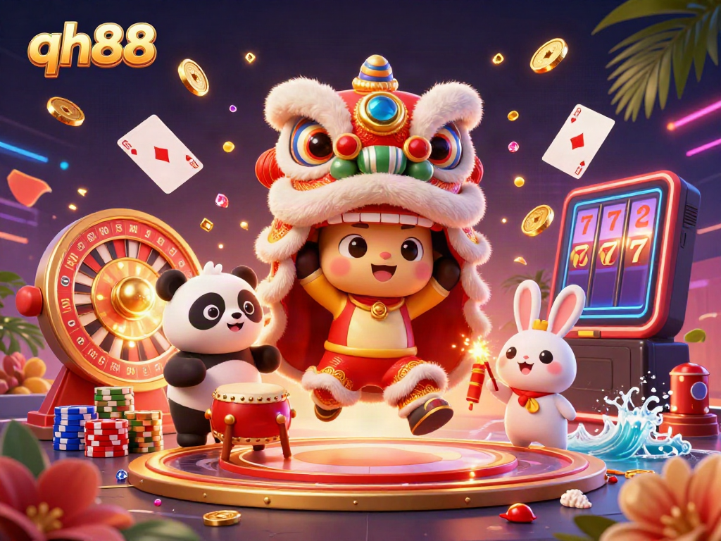 Experience thrilling gameplay at qh88 with festive lion dance, vibrant casino elements, and rich decorations.