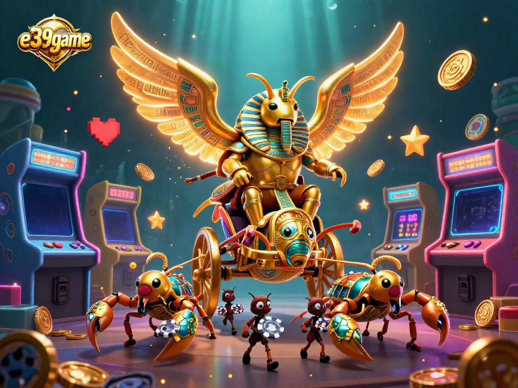 Experience thrilling gaming at e39game with a vibrant 3D casino scene showcasing a golden beetle and scorpion chariot.