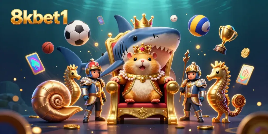 Experience the thrill of 8xbet1 with this vibrant underwater casino theme showcasing a golden hamster king on a shark tooth throne.