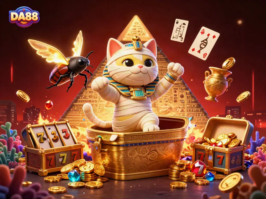 Engage with the DA88 pyramid casino featuring a captivating Egyptian mummy cat and exciting gaming elements.