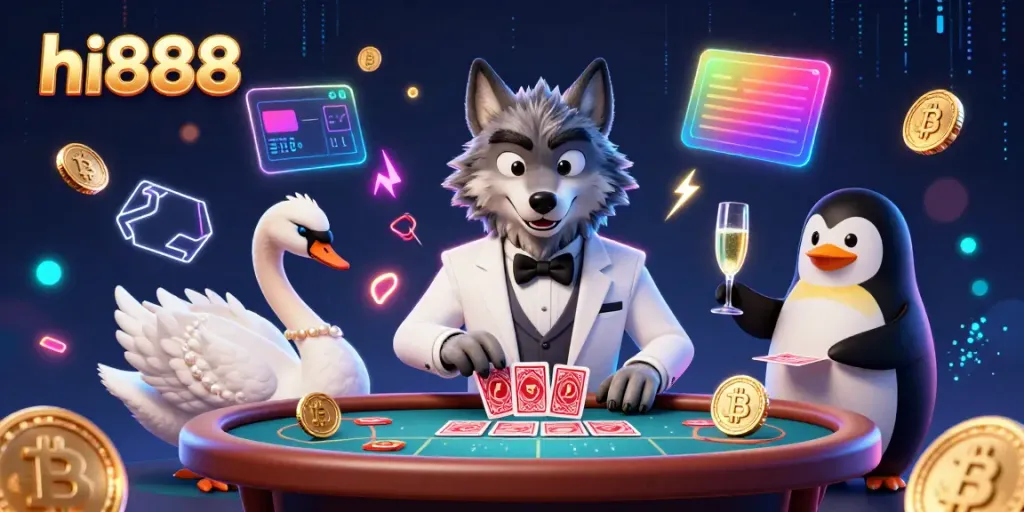 Win big at hi888 with a vibrant scene of a classy wolf, swan dealer, and penguin sommelier in a casino setting.