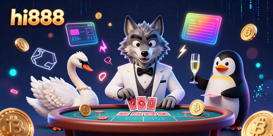 Win big at hi888 with a vibrant scene of a classy wolf, swan dealer, and penguin sommelier in a casino setting.