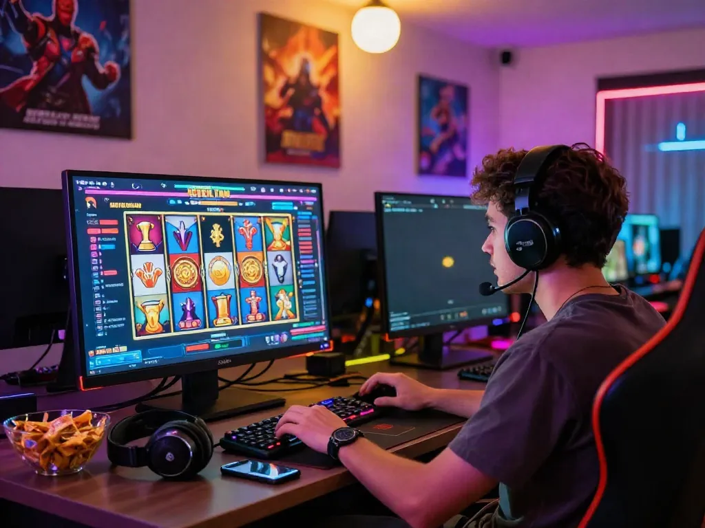 Engaging player enjoying an online slot game in a cozy gaming room with vibrant graphics.