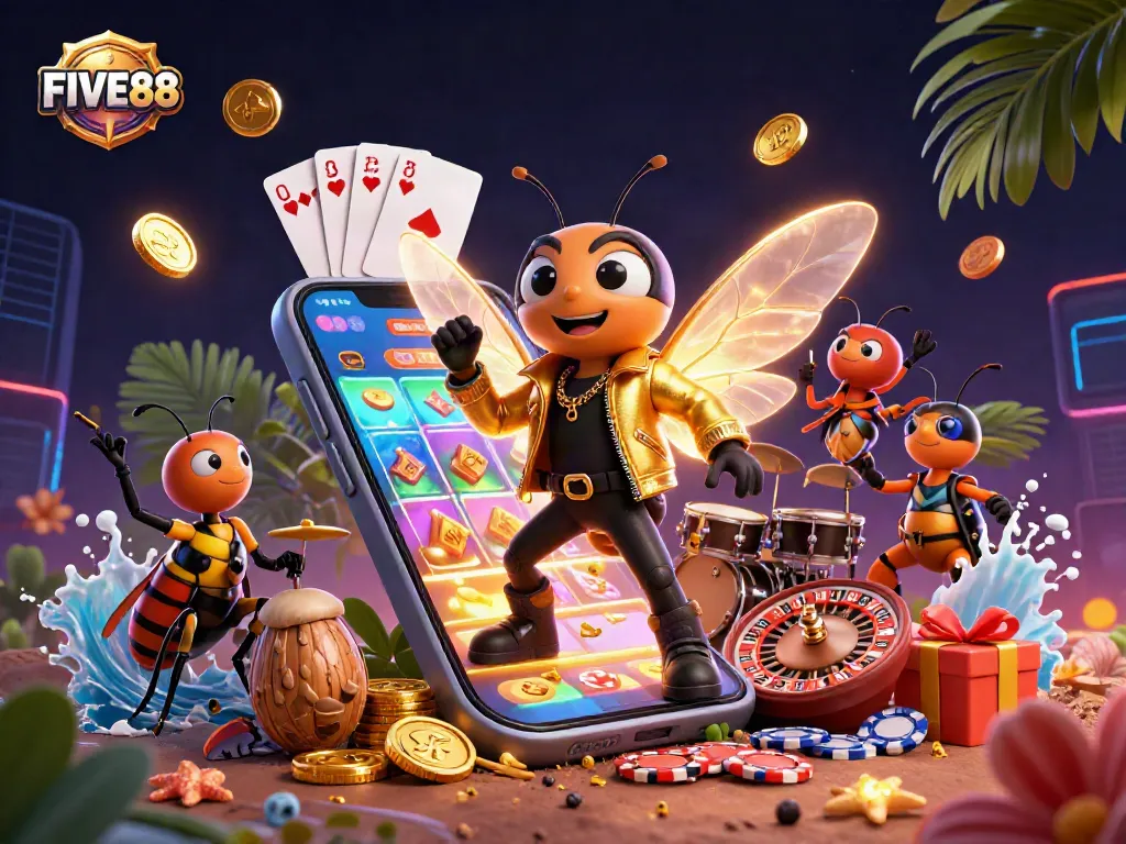 FIVE88 offers thrilling gaming experiences with vibrant illustrations of casino action and entertainment.