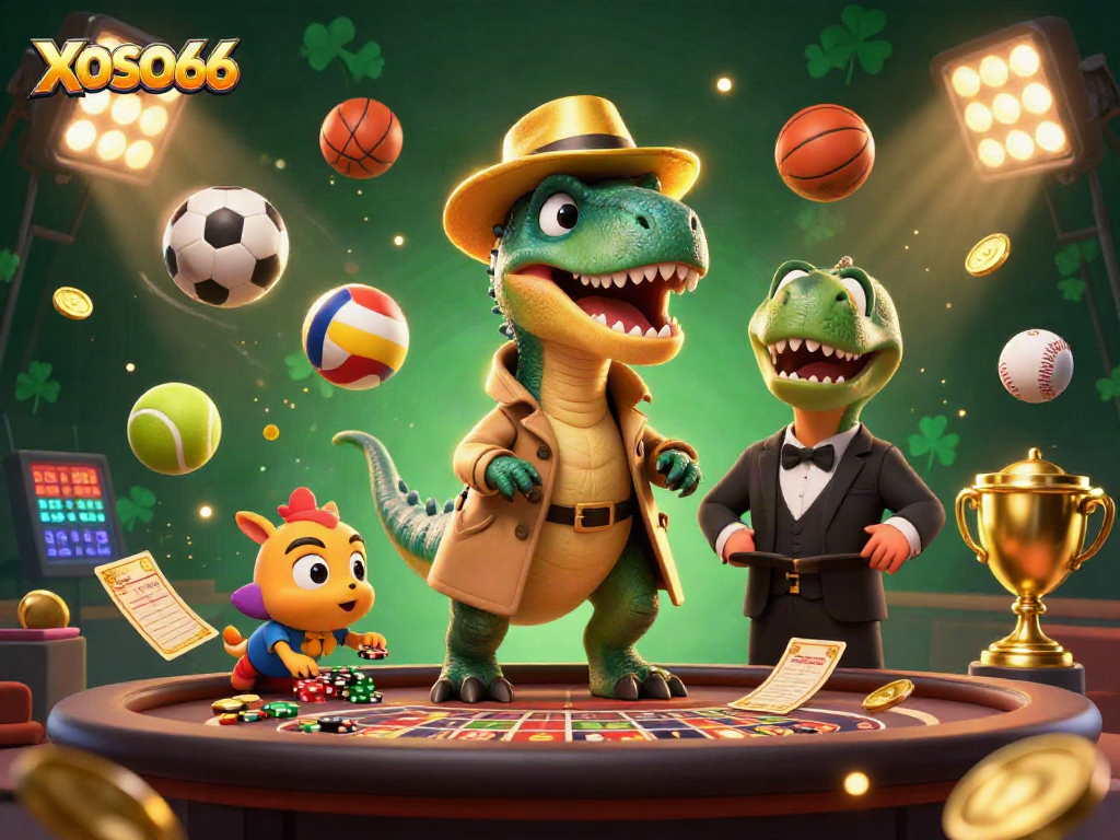 XOSO66 showcases a thrilling roulette table scene with vibrant characters and sports elements dynamically engaged.