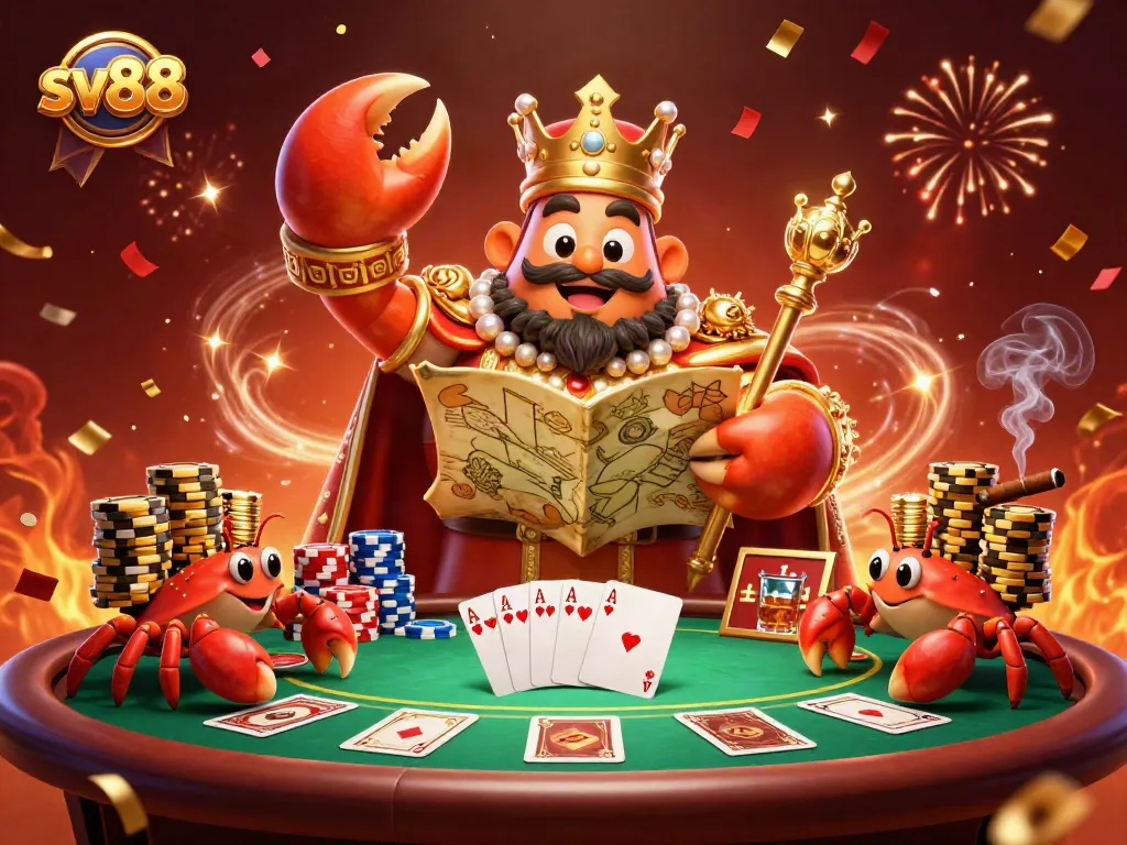 Sv88 brings excitement with a golden crab emperor and poker fun amid confetti and sparkling effects.