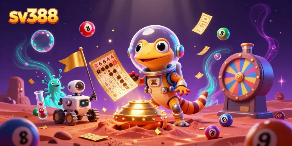 Experience the vibrant world of sv388, where a Martian gecko discovers a golden casino amidst dynamic gambling elements.