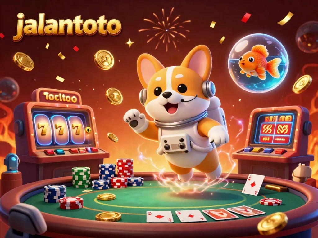Experience the thrill of jalantoto's online casino with a corgi astronaut amidst floating slots and poker chips.