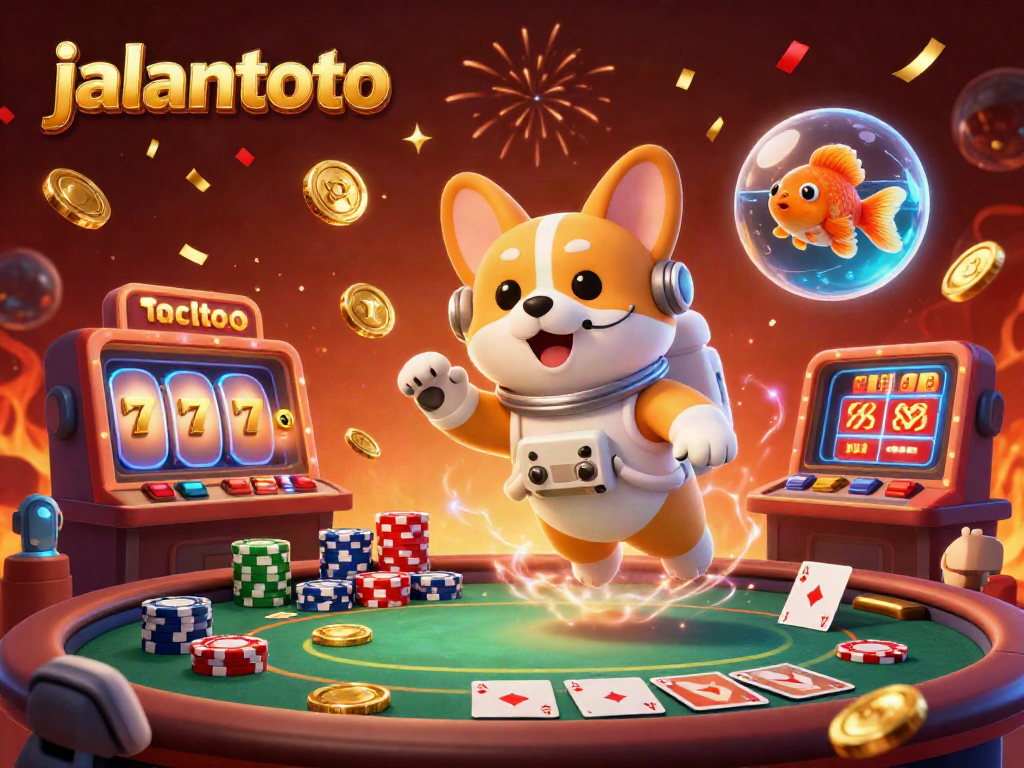 Experience the thrill of jalantoto's online casino with a corgi astronaut amidst floating slots and poker chips.