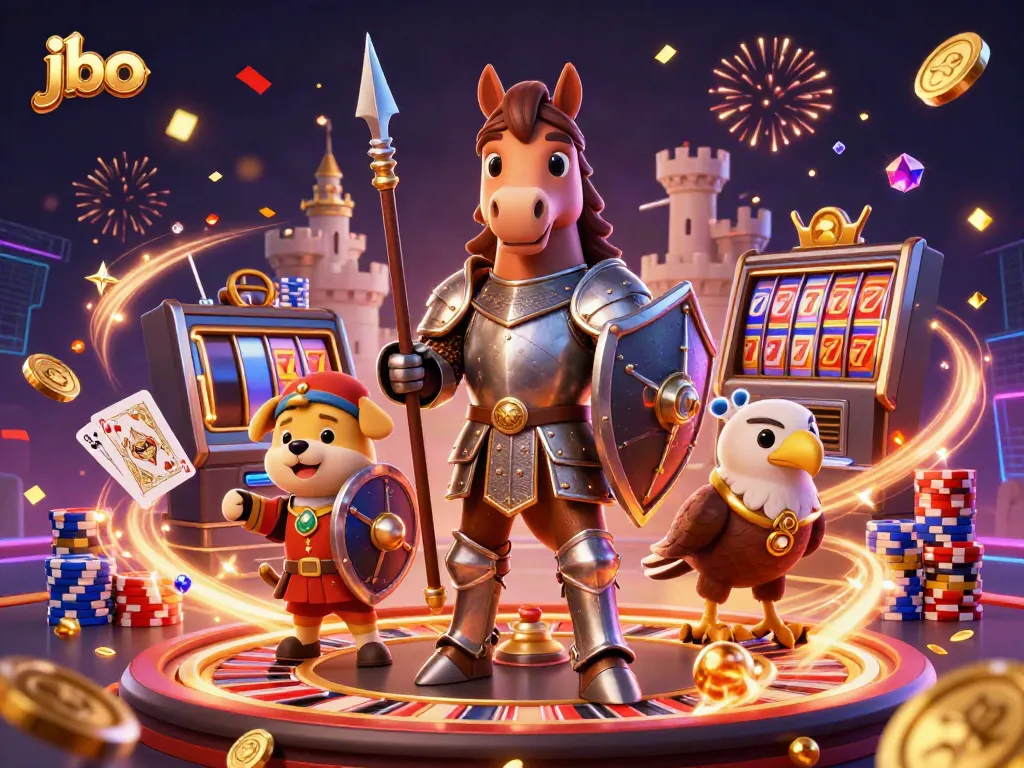 Experience thrilling gameplay with jbo, featuring knights, coins, and casino elements in a vivid 3D illustration.