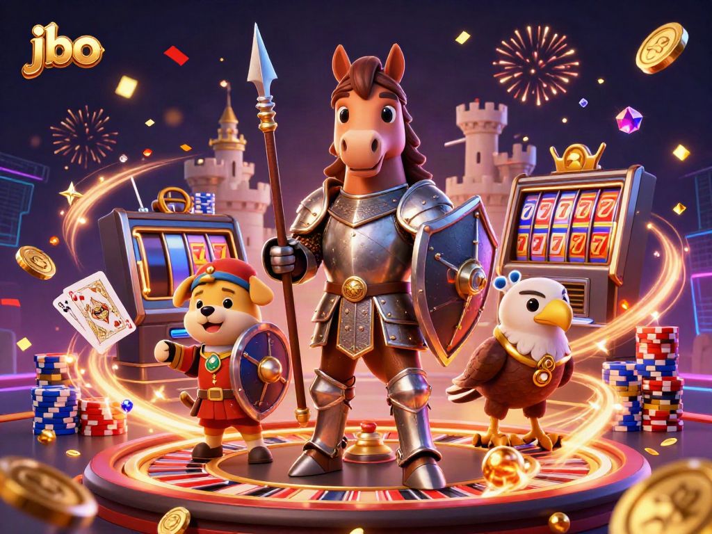 Experience thrilling gameplay with jbo, featuring knights, coins, and casino elements in a vivid 3D illustration.