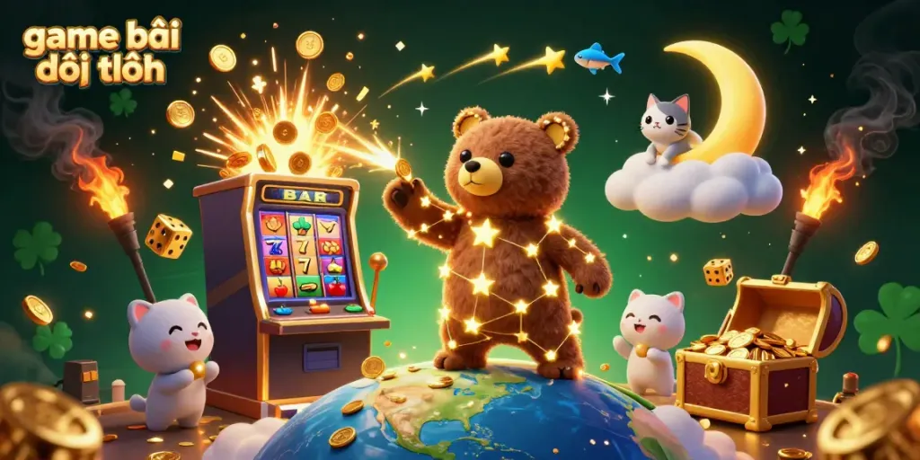 Experience the excitement of game bài đổi thưởng with this vibrant 3D illustration featuring a magical casino scene filled with treasures.