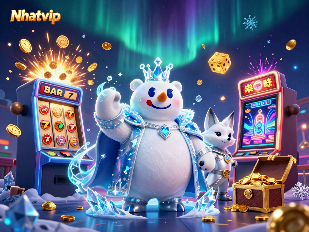 Nhatvip showcases captivating illustrations of an ice king bear and snow fox amidst vibrant casino elements.