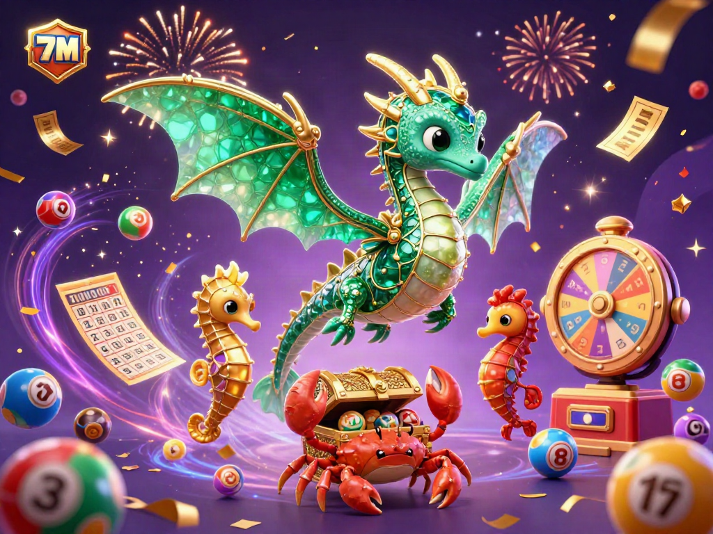 Experience 7M's thrilling online gaming with animated elements and vibrant lottery activities.