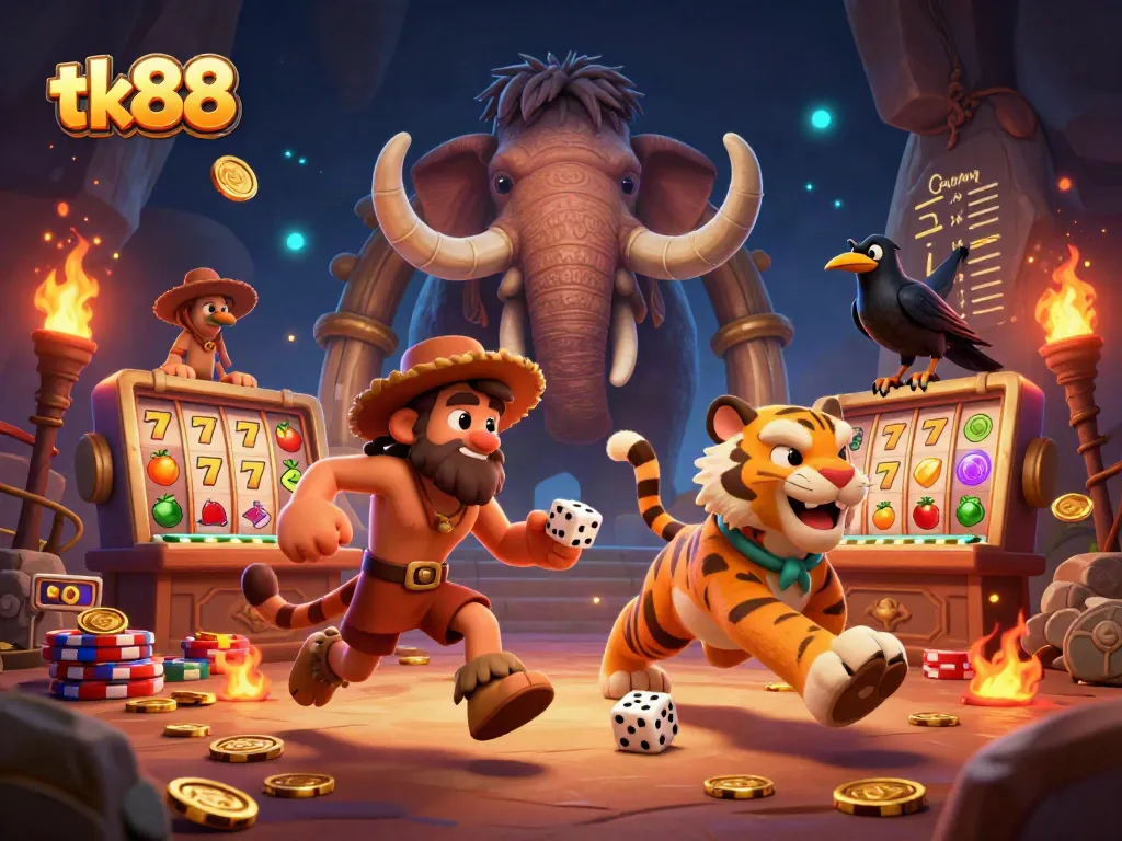 Experience thrilling prehistoric casino vibes with tk88's iconic caveman duo and action-packed gaming elements.