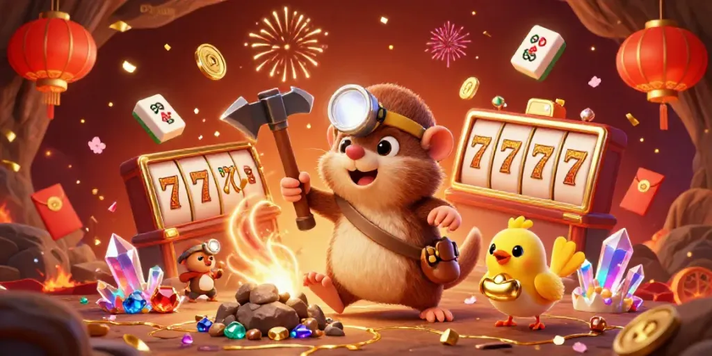 Experience SUNWIN's thrilling slots with vibrant treasure-hunting mole and casino elements glowing amidst a festive backdrop.
