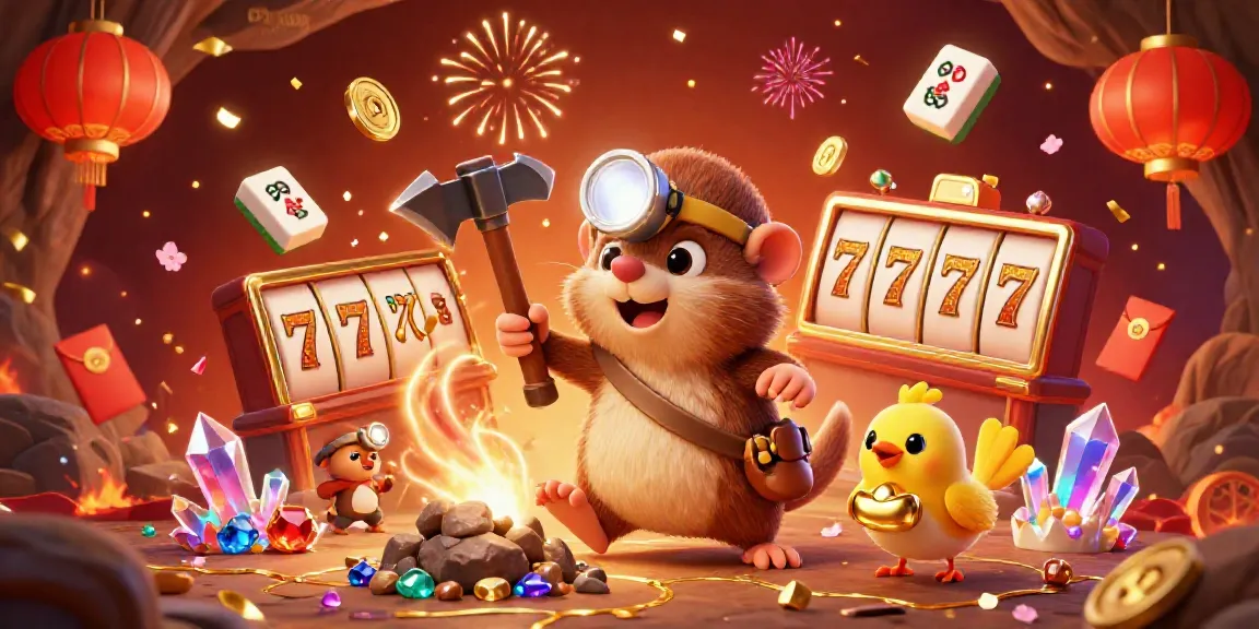Experience SUNWIN's thrilling slots with vibrant treasure-hunting mole and casino elements glowing amidst a festive backdrop.