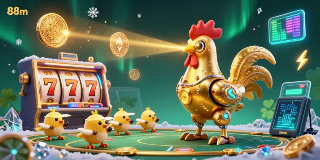 Engage with thrilling slot action featuring the vibrant 88m golden rooster robot amidst dazzling rewards.