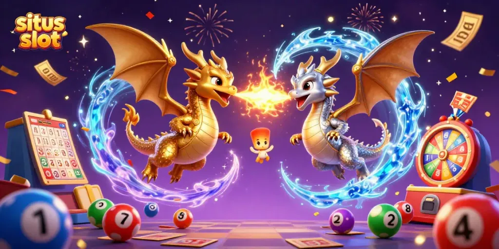 Menangkan situs slot dengan ilustrasi naga terbang dan elemen perjudian interaktif di sekitarnya.