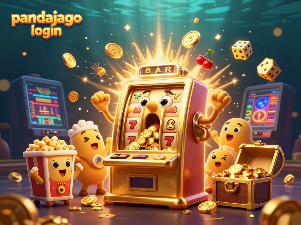 Mesin slot yang menghebohkan jackpot di login pandajago, dikelilingi simbol permainan yang menyenangkan.