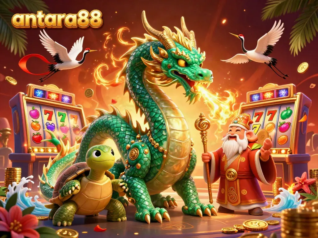 Play slots on antara88 with a colorful casino scene featuring a jade dragon and lucky symbols.