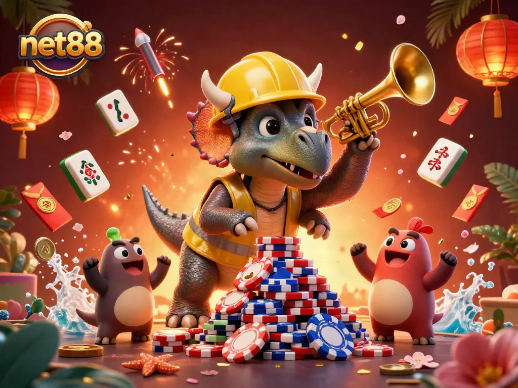 Bet on net88 as a lively triceratops constructs a poker chip pyramid amidst a vibrant casino scene.