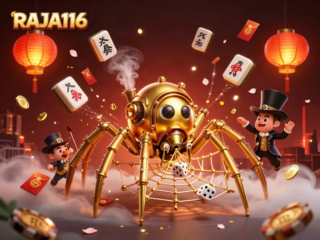 Experience thrilling gameplay in RAJA116 with a steampunk-themed illustration of a golden spider and Victorian fly.