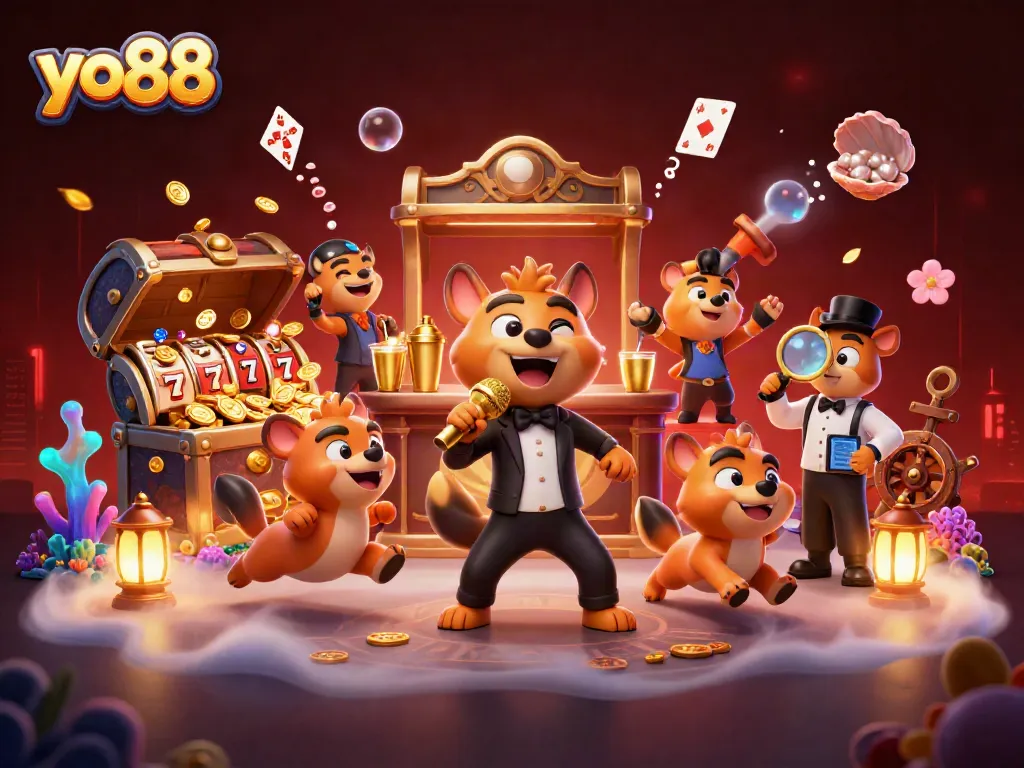 Experience the excitement of yo88 with a lively 3D illustration of hyenas in a casino setting.