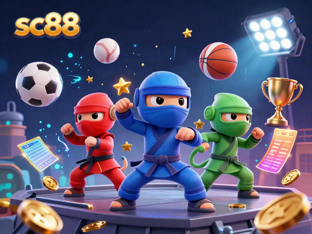 Experience the thrill of sc88 with chameleon ninjas showcasing their skills amid vibrant sports elements.