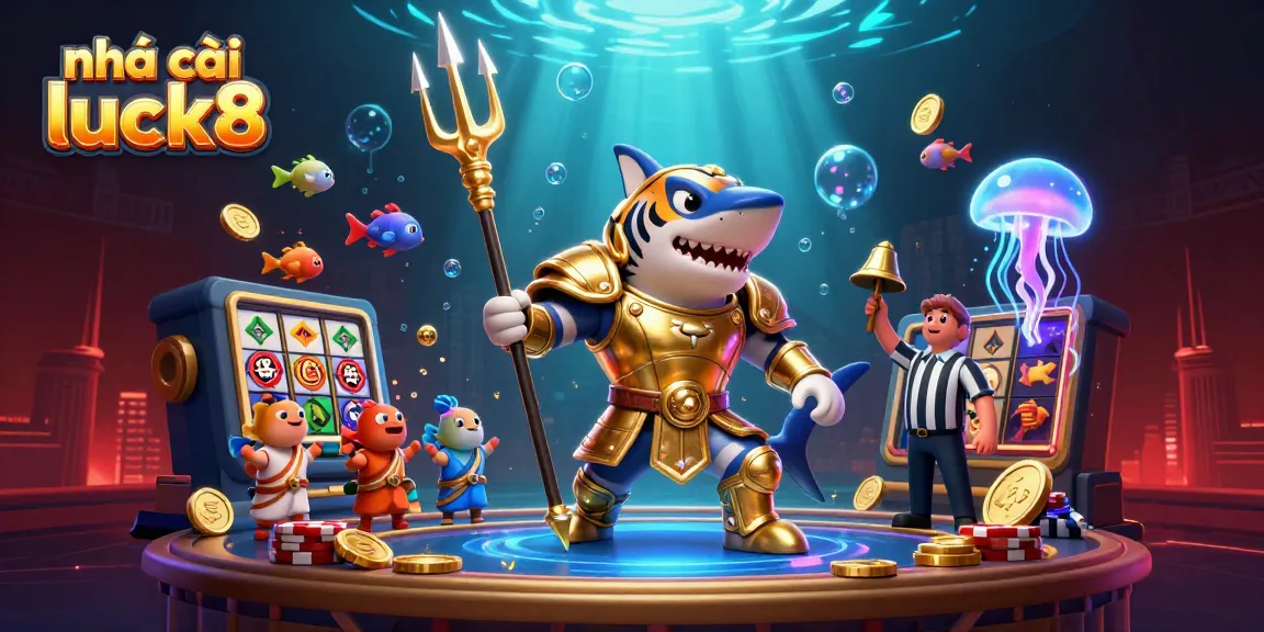 Engage in thrilling gaming action at Nhà cái luck8 with vibrant underwater scene featuring a tiger shark and energetic visuals.