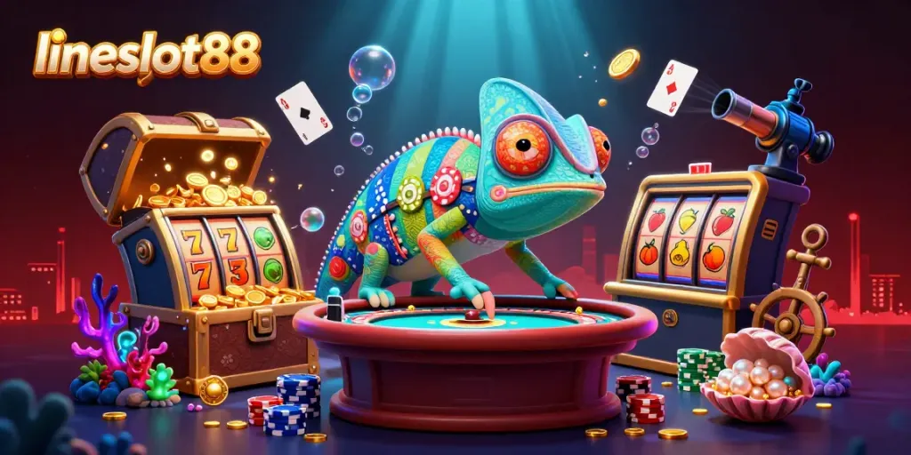 Lineslot88 casino scene with vibrant chameleon, slot reels, and treasure in a rich, animated 3D setting