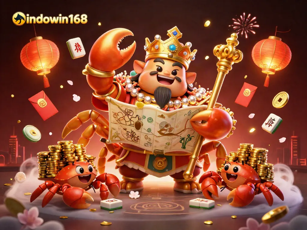 Experience winning gameplay at indowin168 with a lavish scene of a crab emperor and gaming elements.