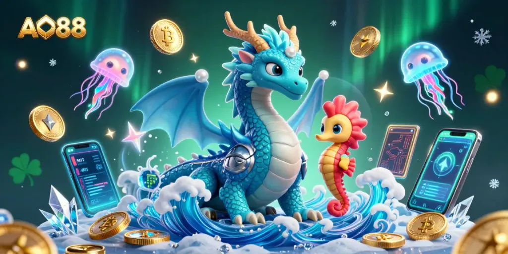 Experience the magic of AO88 as the azure water dragon plays amidst neon jellyfish and crypto coins under the aurora lights.