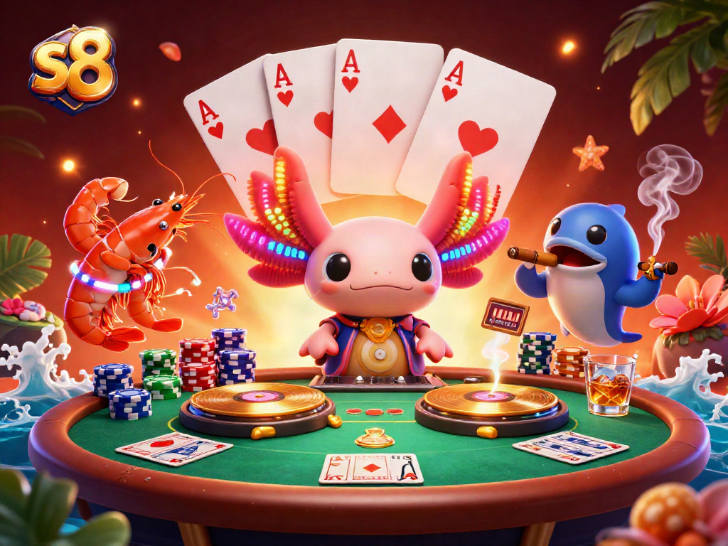 Experience thrilling gameplay with S8 as a neon axolotl DJ spins winning poker nights.