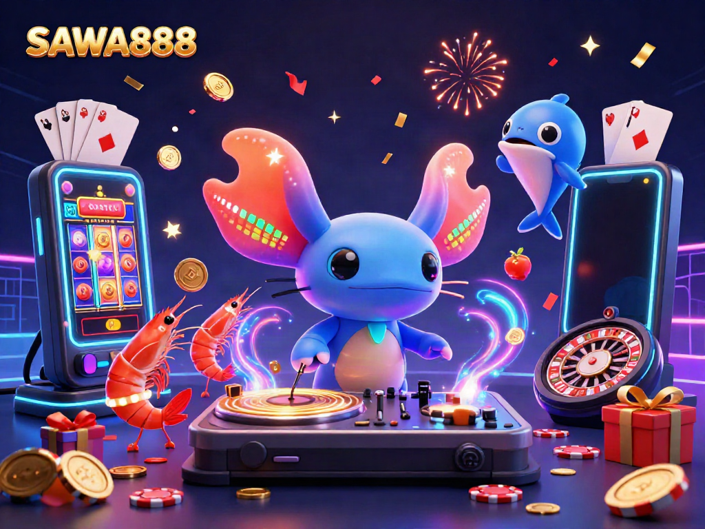 Experience the excitement of SAWA888 with a vibrant underwater DJ scene featuring colorful slot games and party elements.
