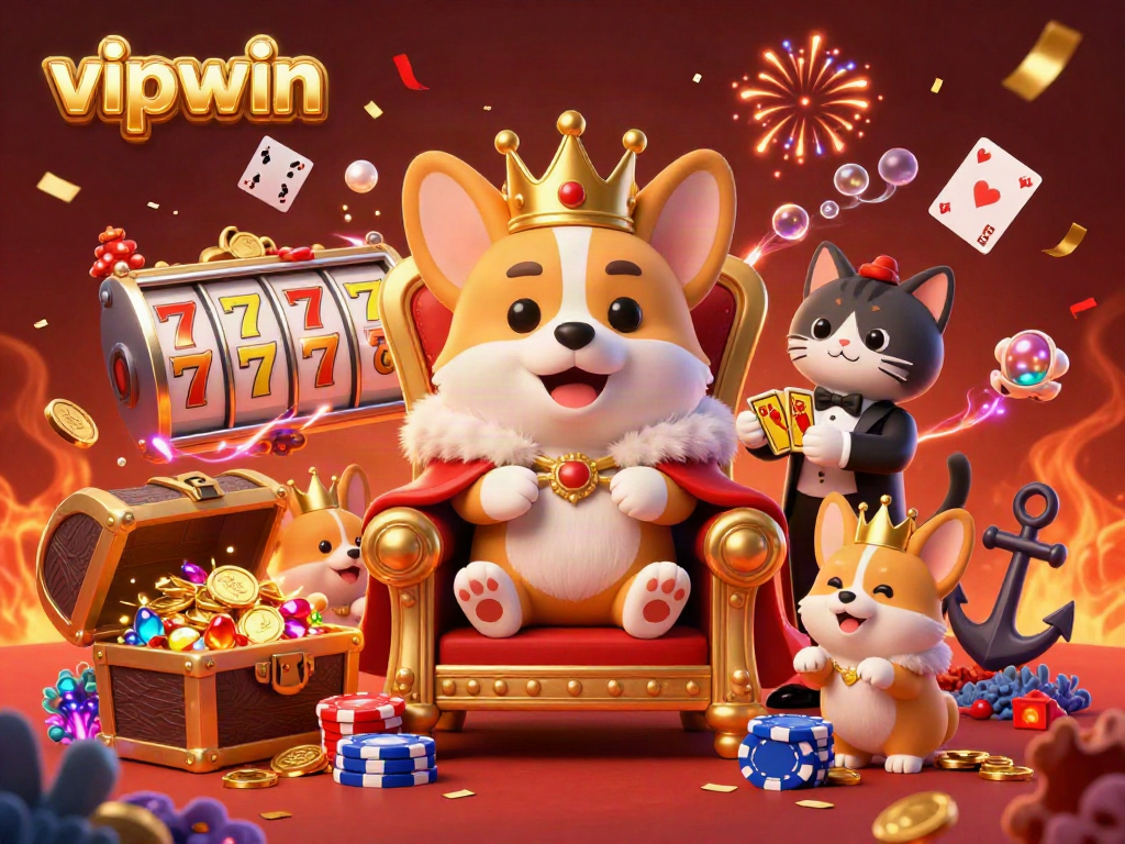 VIPWIN casino-themed illustration showcasing a cartoon royal corgi and vibrant casino elements, celebrating winnings.