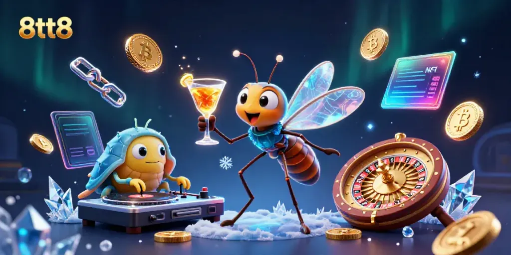 Engage in gaming with 8tt8 as a frozen-mosquito casino mascot among digital casino elements.