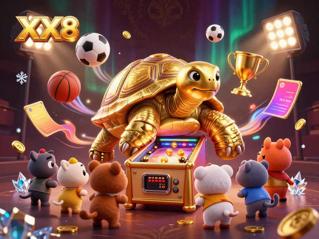 Join the excitement with XX8's dynamic gaming experience featuring a colossal pinball tortoise and vibrant sports elements.