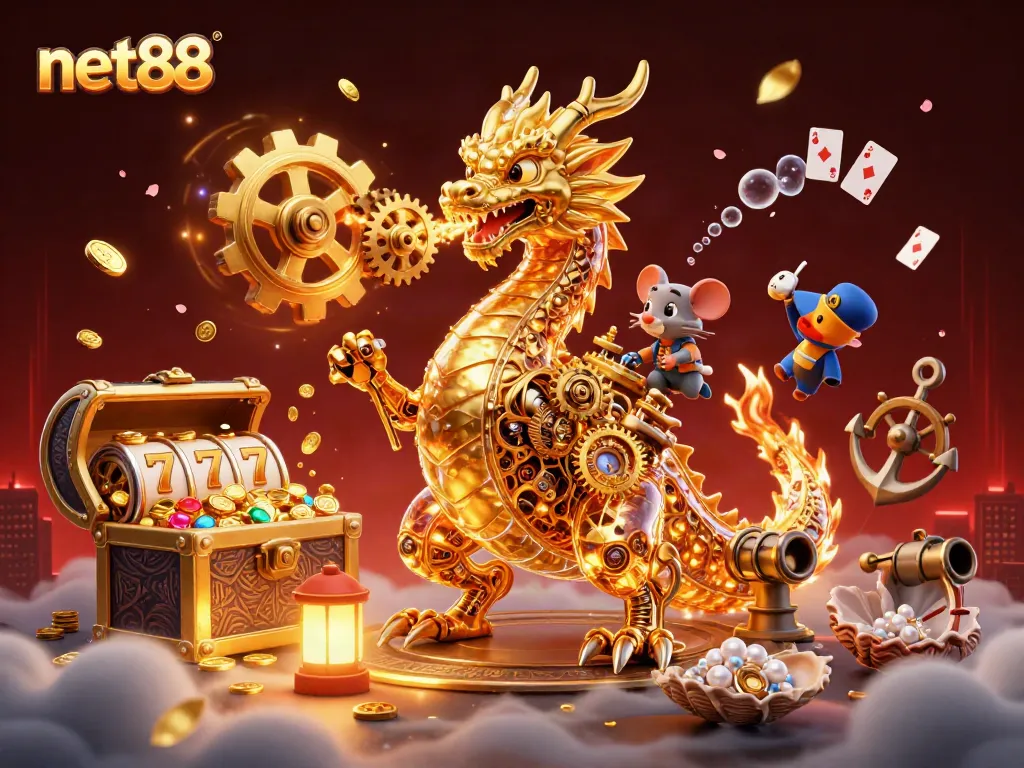 Experience thrill with net88 in an explosive gaming illustration featuring a golden dragon.
