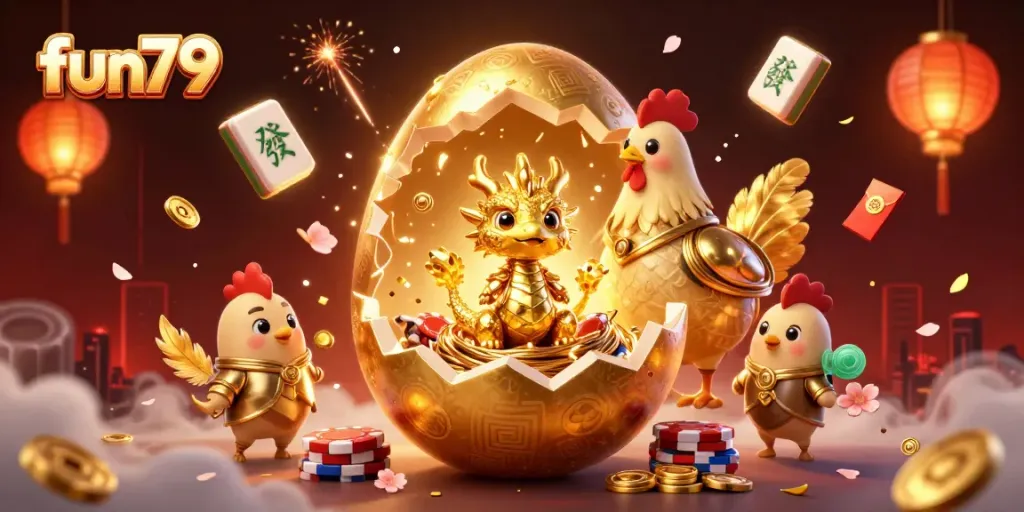 Experience fun79 with a vibrant 3D illustration of a golden dragon and poker chips, showcasing thrilling casino action.