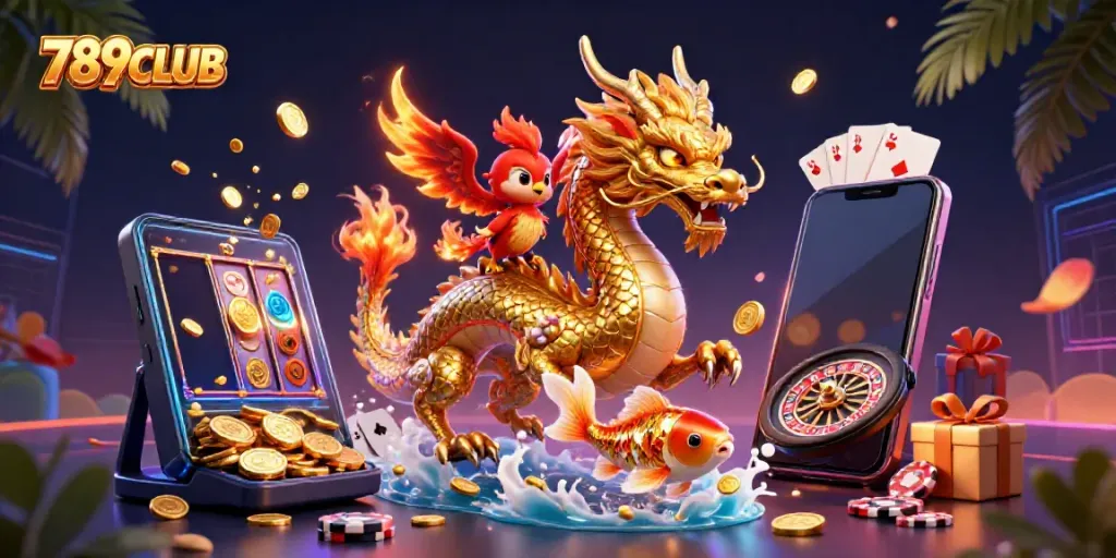 Engage with 789CLUB's thrilling 3D casino adventure featuring a golden dragon and phoenix.
