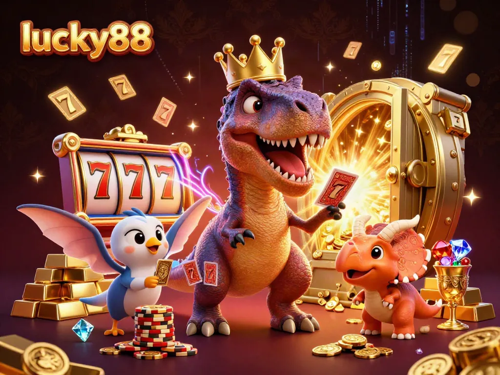 lucky88's thrilling casino experience captured in a vibrant 3D scene with playful characters and gold!