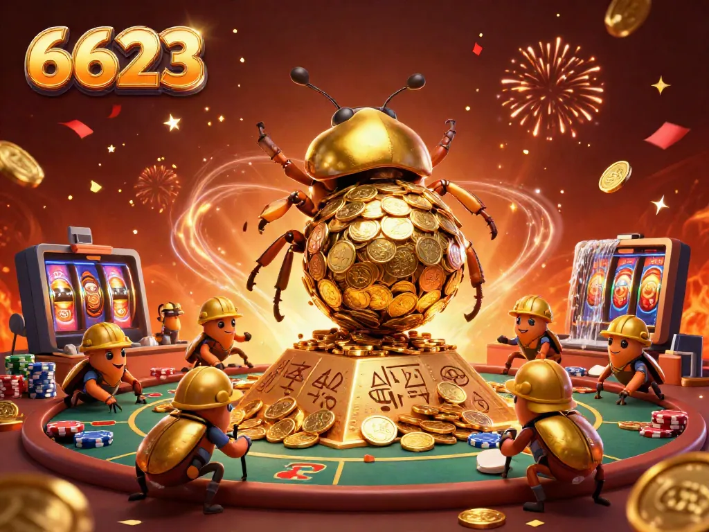 Experience the thrilling atmosphere of 6623 with golden beetles and casino symbols, depicting high-stakes action.