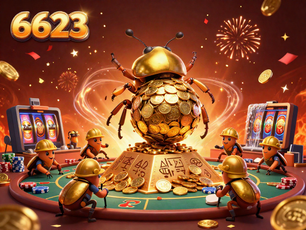 Experience the thrilling atmosphere of 6623 with golden beetles and casino symbols, depicting high-stakes action.