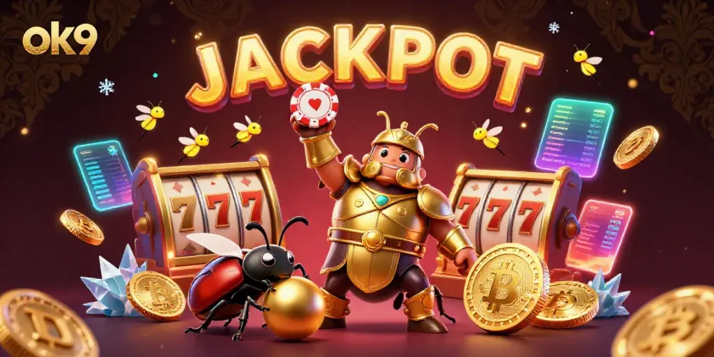 Win big with ok9 in this vibrant casino scene featuring a triumphant beetle and jackpot elements.