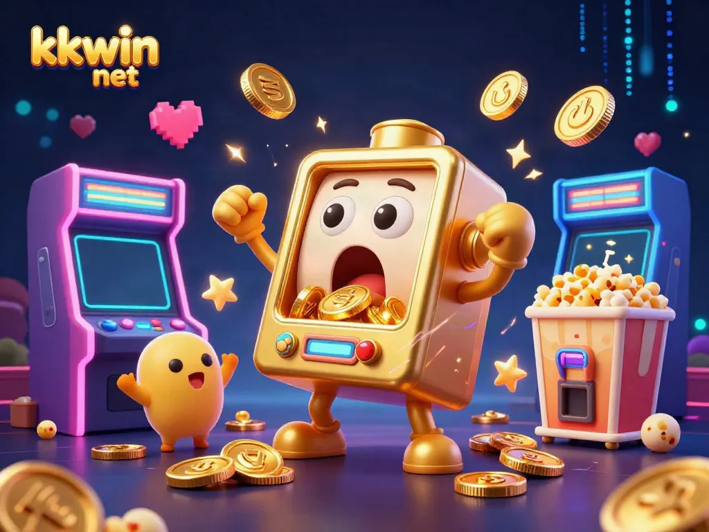 Celebrate wins with kkwin net, featuring a vibrant scene of cartoon slot machines rejoicing in a casino setting.