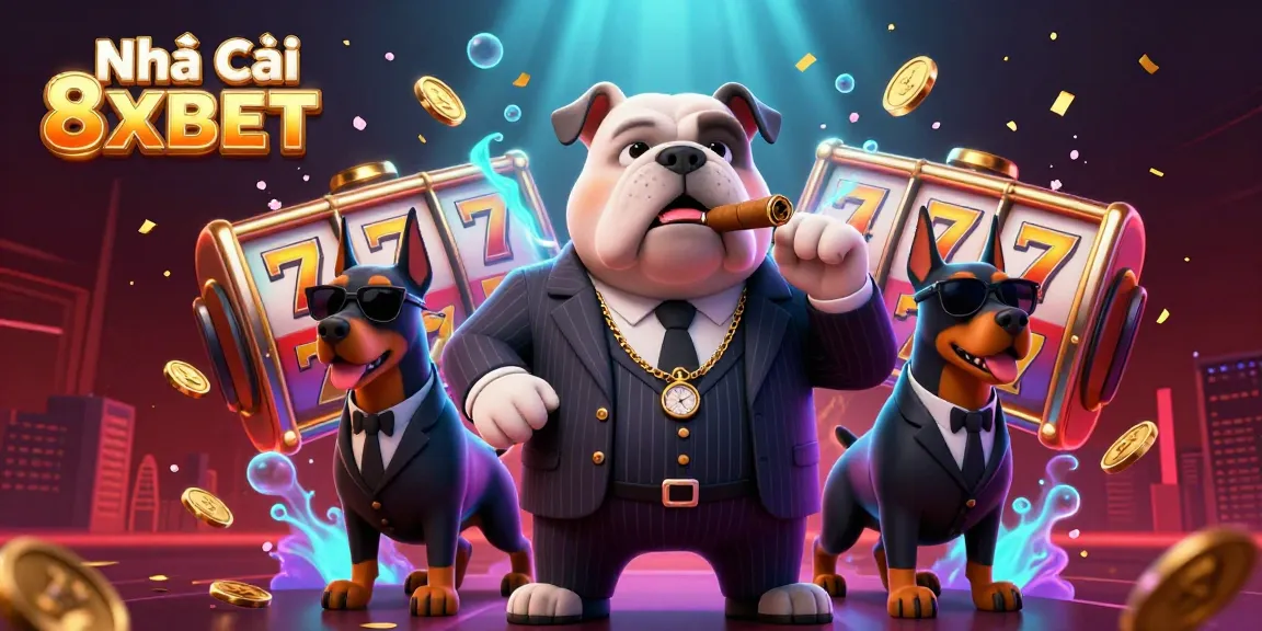 Engaging scene with Nhà cái 8XBET's mafia dog boss amidst spinning slot reels and gold coins.